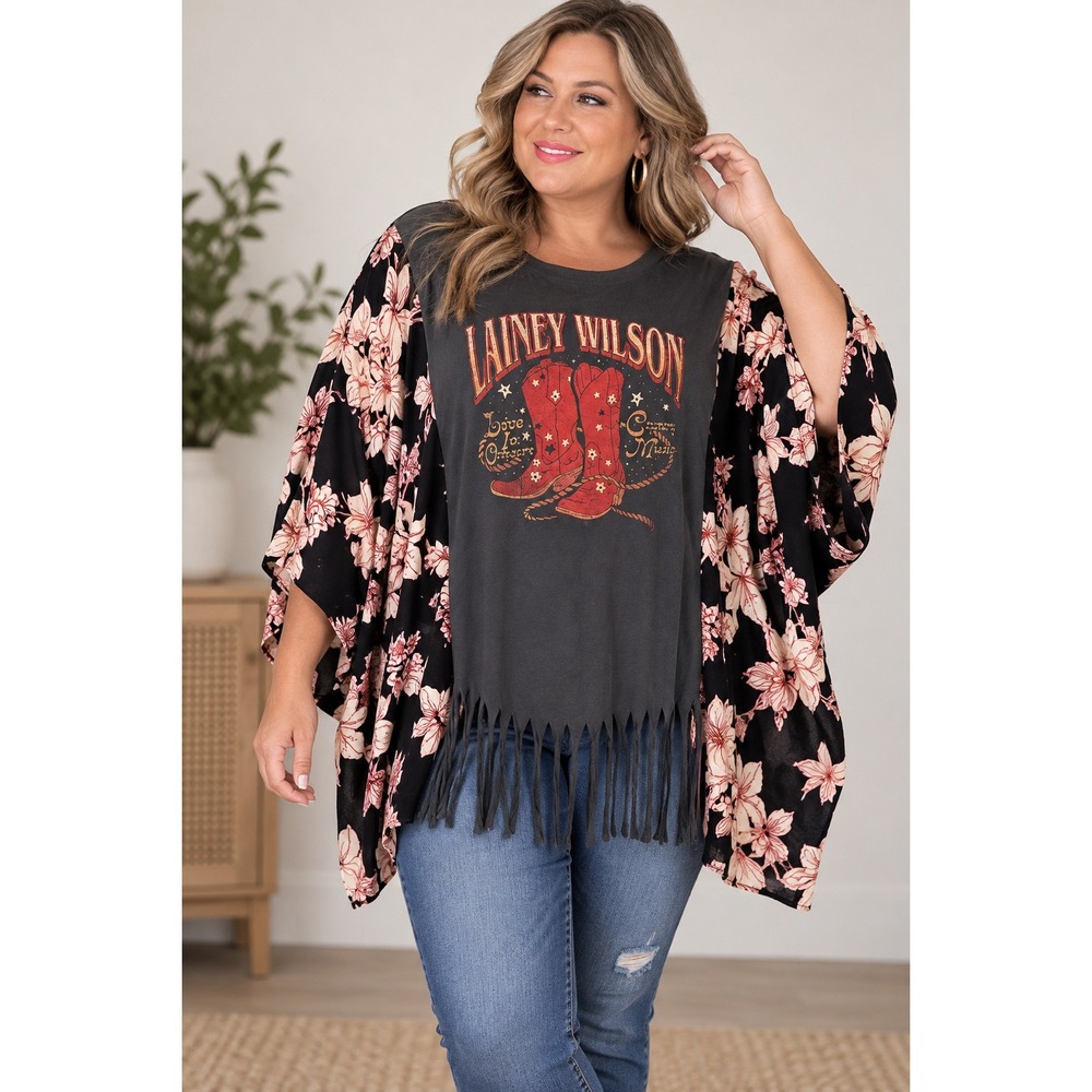 Lainey Wilson Reworked Graphic Tee Kimono Floral Sleeve Fringe Top One Size OOAK